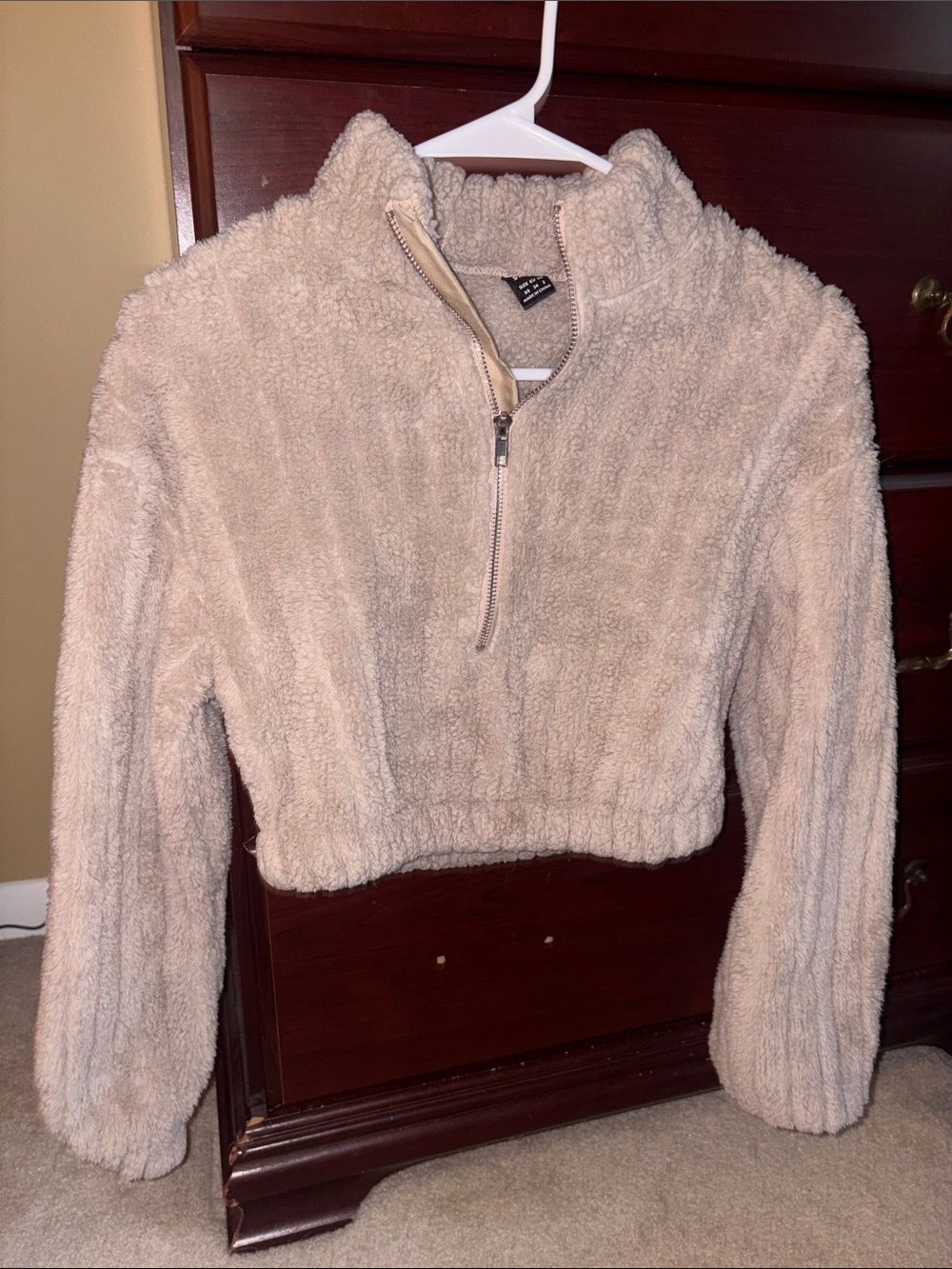 SHEIN Cropped Sherpa Half-Zip Pullover in Beige
